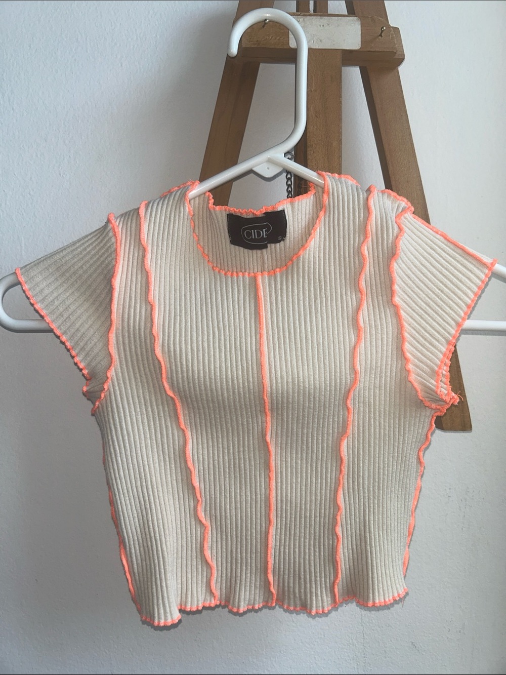 Cider Cream Ribbed Crop Top with Neon Orange Trim - Picture 1 of 7